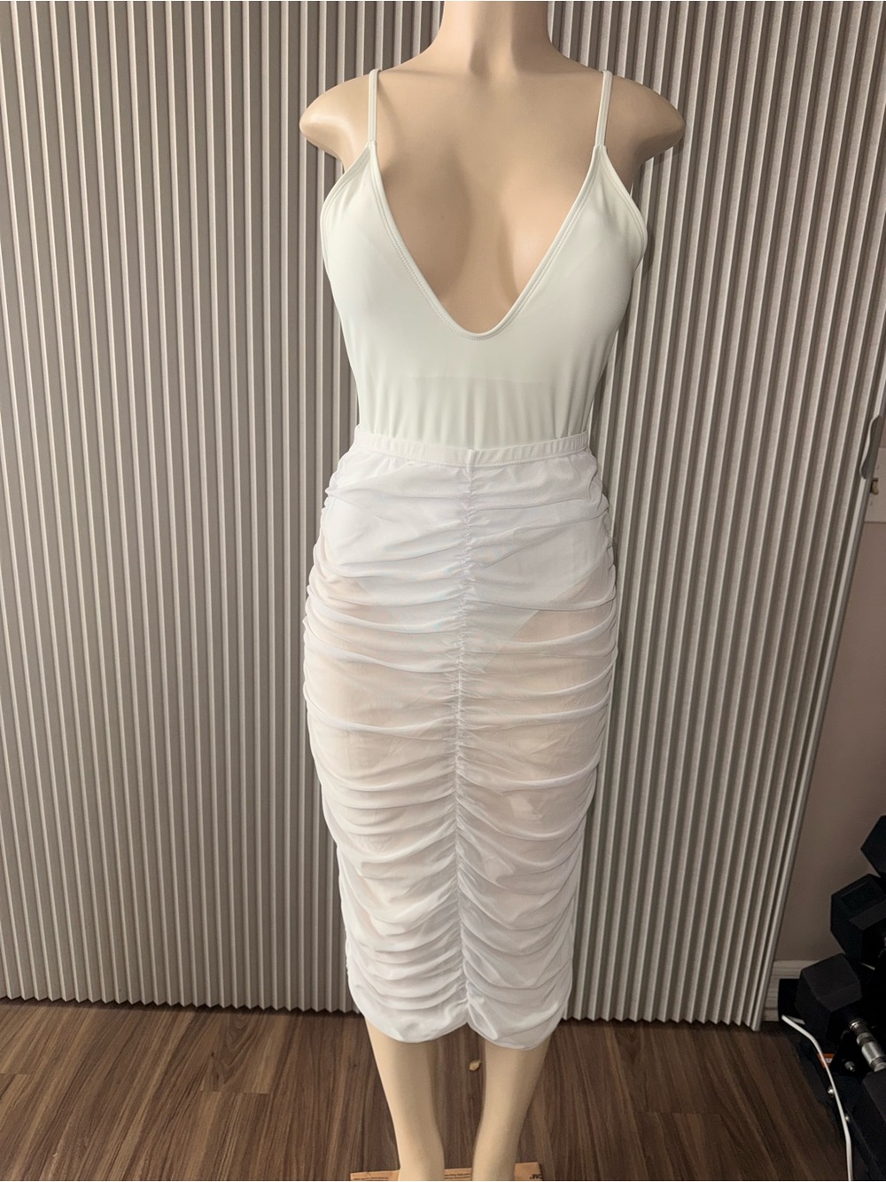 SHEIN White Ruched Sheer Midi Skirt